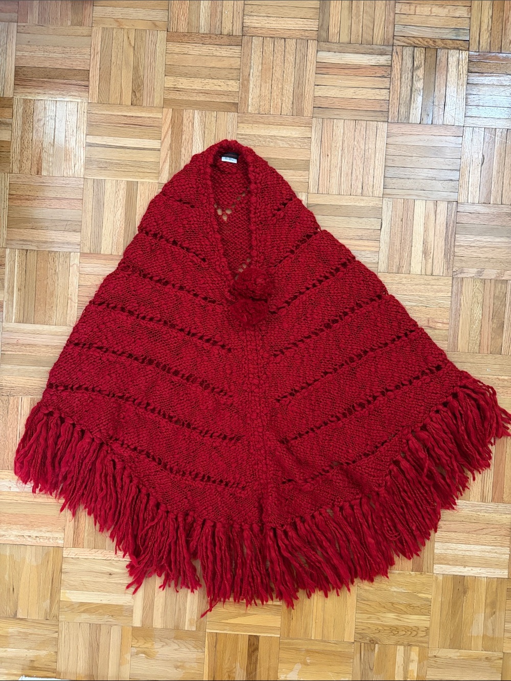 VTG Neiman Marcus Wool Blend Fringe Poncho with Pom-Poms EUC